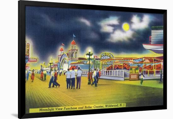 Wildwood-by-the-Sea, New Jersey - Funchase and Roller Coaster in the Moonlight-Lantern Press-Framed Art Print