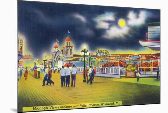 Wildwood-by-the-Sea, New Jersey - Funchase and Roller Coaster in the Moonlight-Lantern Press-Mounted Premium Giclee Print