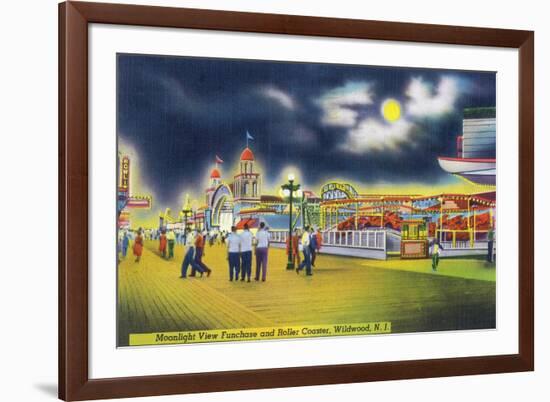 Wildwood-by-the-Sea, New Jersey - Funchase and Roller Coaster in the Moonlight-Lantern Press-Framed Art Print