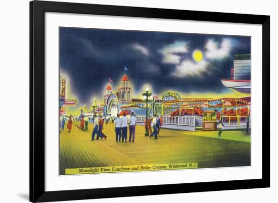 Wildwood-by-the-Sea, New Jersey - Funchase and Roller Coaster in the Moonlight-Lantern Press-Framed Art Print