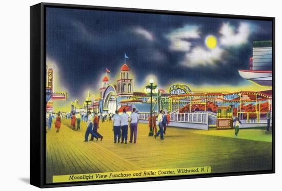 Wildwood-by-the-Sea, New Jersey - Funchase and Roller Coaster in the Moonlight-Lantern Press-Framed Stretched Canvas