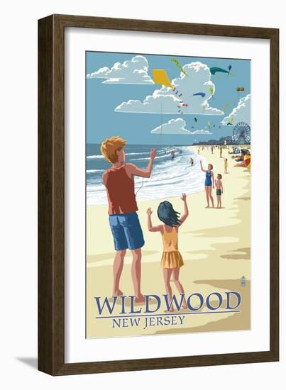 Wildwood, New Jersey - Kite Flyers-Lantern Press-Framed Art Print