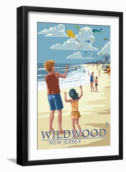 Wildwood, New Jersey - Kite Flyers-Lantern Press-Framed Art Print