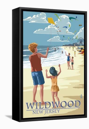 Wildwood, New Jersey - Kite Flyers-Lantern Press-Framed Stretched Canvas