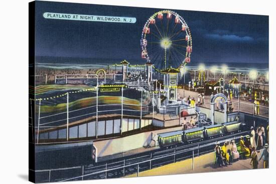 Wildwood, New Jersey - View of Playland at Night-Lantern Press-Stretched Canvas