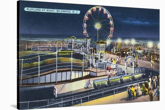 Wildwood, New Jersey - View of Playland at Night-Lantern Press-Stretched Canvas