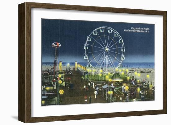 Wildwood, New Jersey - Wildwood-By-The-Sea Playland at Night View-Lantern Press-Framed Art Print