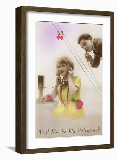 Will You Be My Valentine? Couple on Phone-null-Framed Art Print