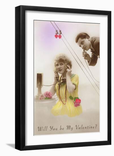 Will You Be My Valentine? Couple on Phone-null-Framed Art Print