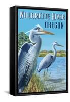 Willamette River, Oregon - Heron Scene-Lantern Press-Framed Stretched Canvas
