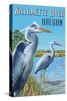 Willamette River, Oregon - Heron Scene-Lantern Press-Stretched Canvas