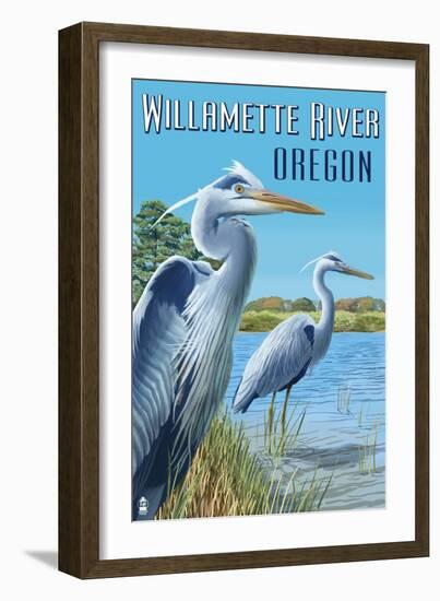 Willamette River, Oregon - Heron Scene-Lantern Press-Framed Art Print