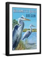 Willamette River, Oregon - Heron Scene-Lantern Press-Framed Art Print