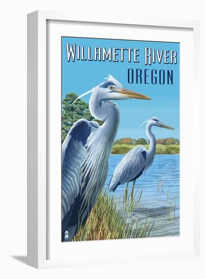 Willamette River, Oregon - Heron Scene-Lantern Press-Framed Art Print