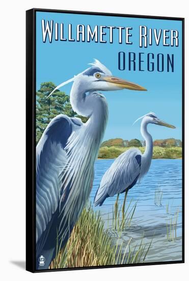 Willamette River, Oregon - Heron Scene-Lantern Press-Framed Stretched Canvas