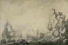 Ships and Militia by a Rocky Shore, C.1680 (Pen and Ink on Prepared Canvas)-Willem Van De Velde the Elder-Laminated Giclee Print