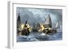 William Claiborne and Leonard Calvert in Battle, the First Naval Conflict on Chesapeake Bay, 1630s-null-Framed Giclee Print
