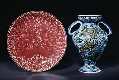 Two Peacocks in Full Show, 1885-1892, and a "Persian" Two Handled Vase, 1888-1898
