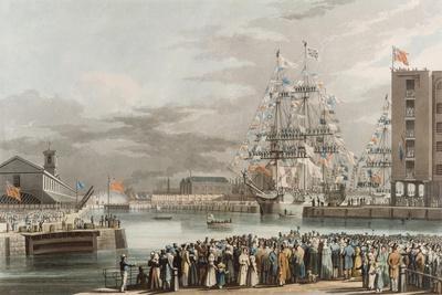 St. Katherine's Dock: Opening on 25th October 1828, Engraved by E. Duncan (Coloured Aquatint)