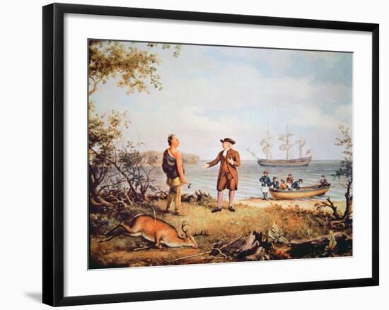 William Penn Arrives in America for the First Time and Meets a Native American in 1682-Thomas Birch-Framed Giclee Print