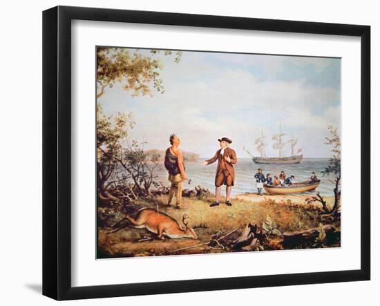 William Penn Arrives in America for the First Time and Meets a Native American in 1682-Thomas Birch-Framed Giclee Print