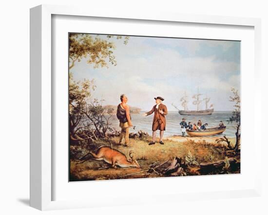 William Penn Arrives in America for the First Time and Meets a Native American in 1682-Thomas Birch-Framed Giclee Print