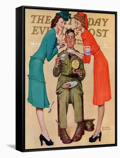 "Willie Gillis at the U.S.O." Saturday Evening Post Cover, February 7,1942-Norman Rockwell-Framed Stretched Canvas