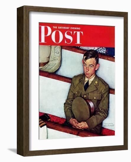 "Willie Gillis in Church" Saturday Evening Post Cover, July 25,1942-Norman Rockwell-Framed Giclee Print