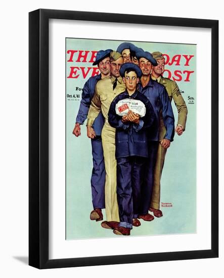 "Willie Gillis' Package from Home" Saturday Evening Post Cover, October 4,1941-Norman Rockwell-Framed Giclee Print