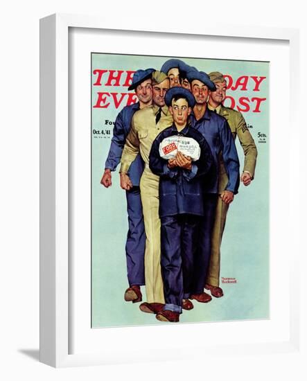 "Willie Gillis' Package from Home" Saturday Evening Post Cover, October 4,1941-Norman Rockwell-Framed Giclee Print