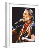 Willie Nelson Playing Guitar in Black Shirt-Movie Star News-Framed Photo