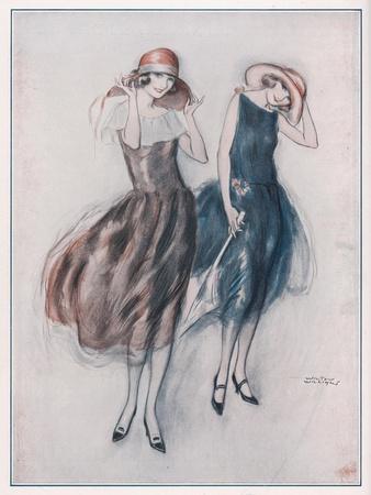 Two Happy Flappers Wear Soft Wide Brimmed Hats and Gathered Skirts That Catch the Breeze