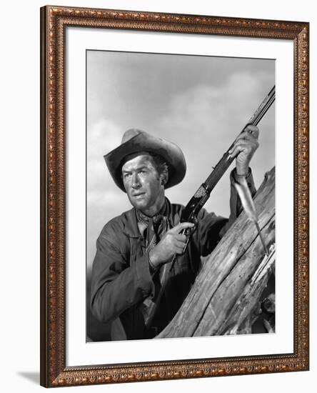 Winchester 73 by AnthonyMann with James Stewart, 1950 (b/w photo)-null-Framed Photo