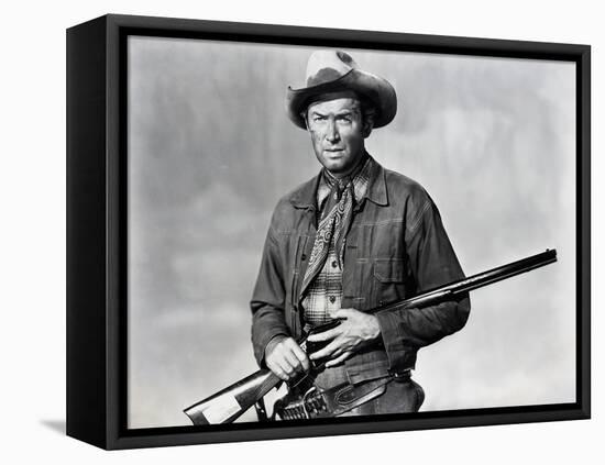 Winchester 73 by AnthonyMann with James Stewart, 1950 (b/w photo)-null-Framed Stretched Canvas