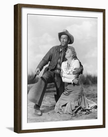 Winchester 73 by AnthonyMann with James Stewart and Shelley winters, 1950 (b/w photo)-null-Framed Photo