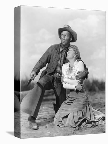 Winchester 73 by AnthonyMann with James Stewart and Shelley winters, 1950 (b/w photo)-null-Stretched Canvas