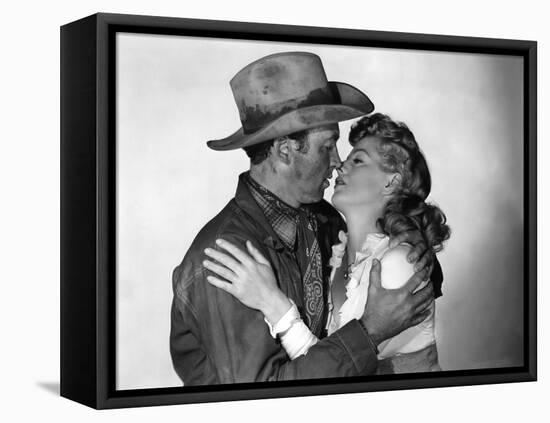 Winchester 73 by AnthonyMann with James Stewart and Shelley winters, 1950 (b/w photo)-null-Framed Stretched Canvas