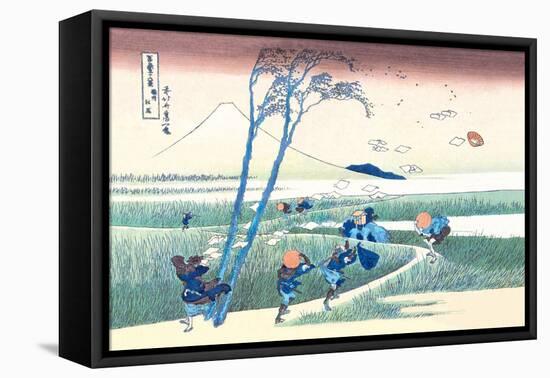 Wind Buffets Travelers in View of Mount Fuji-Katsushika Hokusai-Framed Stretched Canvas