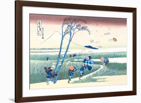 Wind Buffets Travelers in View of Mount Fuji-Katsushika Hokusai-Framed Premium Giclee Print