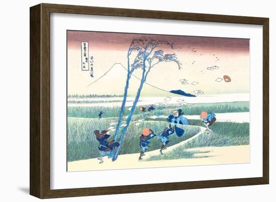 Wind Buffets Travelers in View of Mount Fuji-Katsushika Hokusai-Framed Art Print