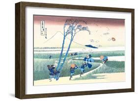 Wind Buffets Travelers in View of Mount Fuji-Katsushika Hokusai-Framed Art Print