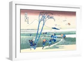 Wind Buffets Travelers in View of Mount Fuji-Katsushika Hokusai-Framed Art Print