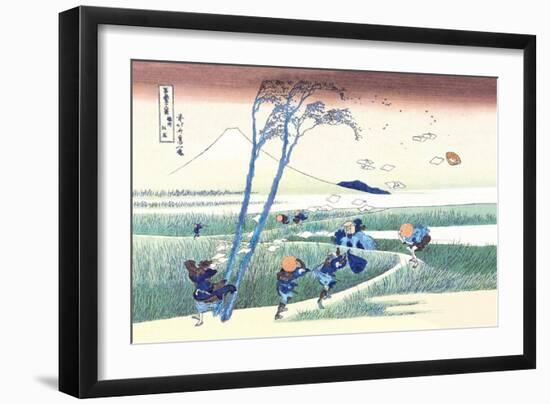 Wind Buffets Travelers in View of Mount Fuji-Katsushika Hokusai-Framed Art Print