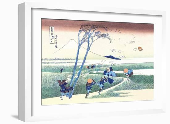 Wind Buffets Travelers in View of Mount Fuji-Katsushika Hokusai-Framed Art Print