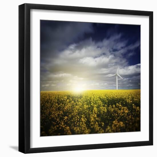 Wind Turbine in a Canola Field Against Cloudy Sky at Sunset, Denmark-null-Framed Photographic Print