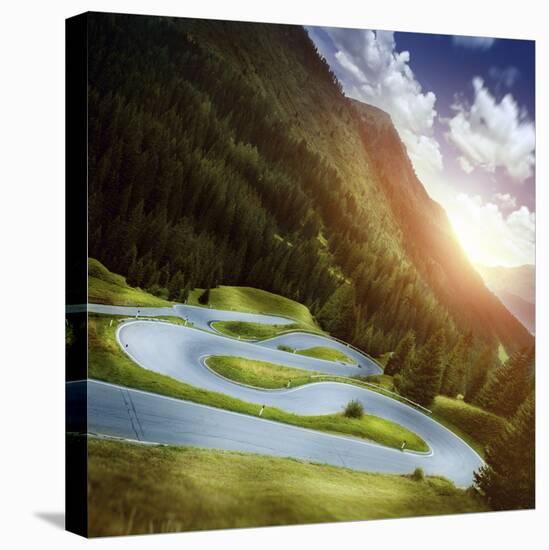 Winding Road in a Forest of Dolomite Alps at Sunset, Northern Italy-null-Stretched Canvas