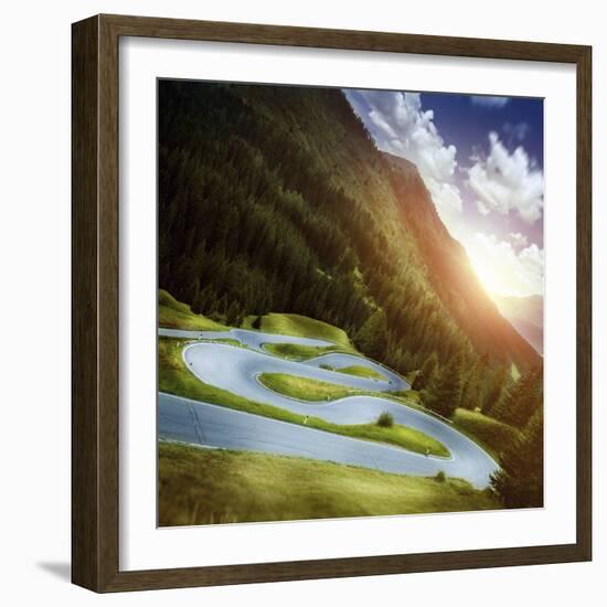 Winding Road in a Forest of Dolomite Alps at Sunset, Northern Italy-null-Framed Photographic Print