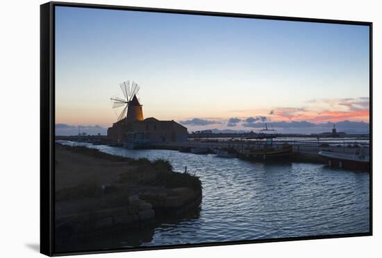 Windmill and Saltworks at Dusk , Marsala, Sicily, Italy-Massimo Borchi-Framed Stretched Canvas