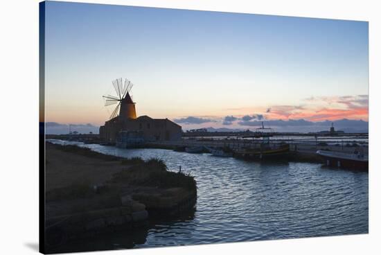 Windmill and Saltworks at Dusk , Marsala, Sicily, Italy-Massimo Borchi-Stretched Canvas