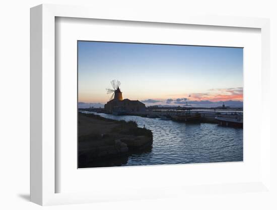 Windmill and Saltworks at Dusk , Marsala, Sicily, Italy-Massimo Borchi-Framed Photographic Print